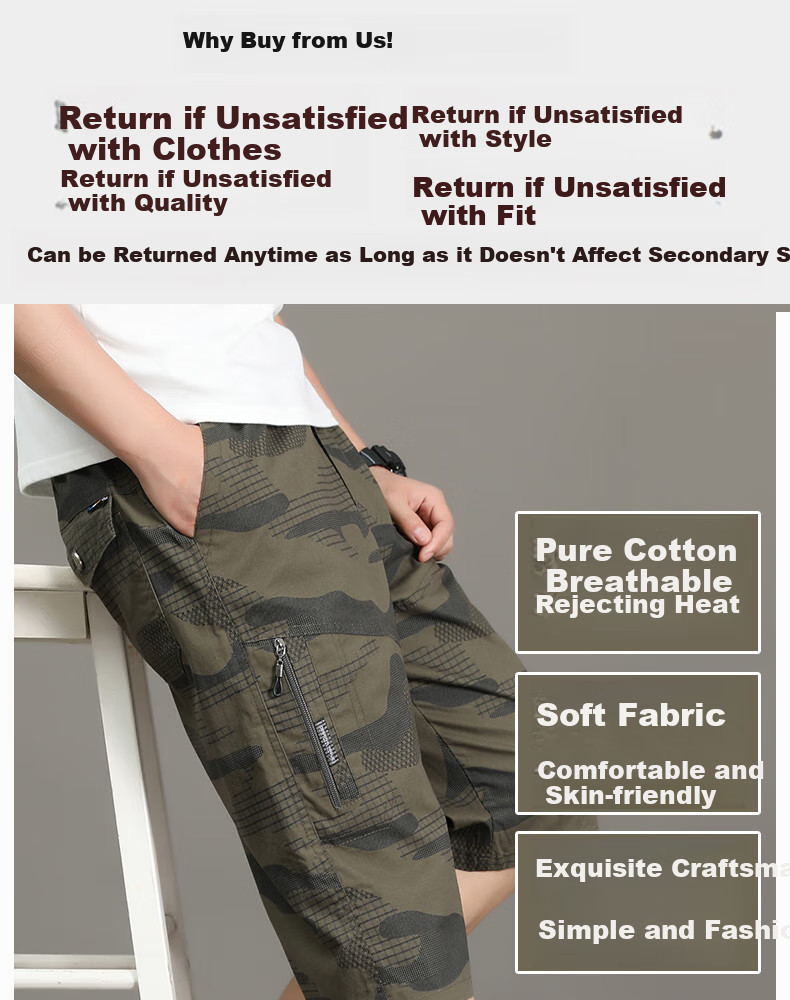 MiiOW Men's Shorts, Summer Lightweight Pure Cotton Casual Mid-Length Pants, Breathable Workwear Loose Quick-Dry Five-Point Shorts, Army Green, XL 1