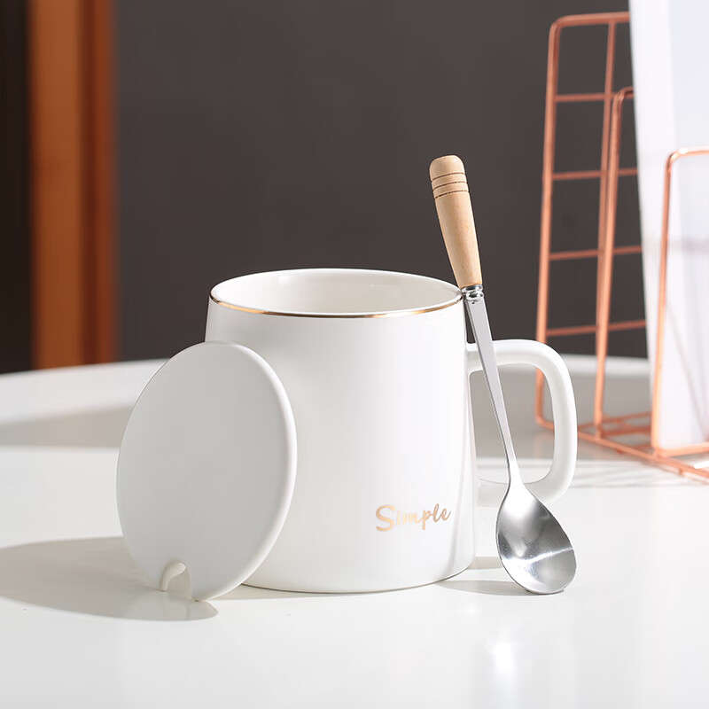 Chuanqi Ceramic Mug with Spoon and Lid, Gold-Trimmed White 400ml Coffee Milk Breakfast Office Tea Cup for Men and Women