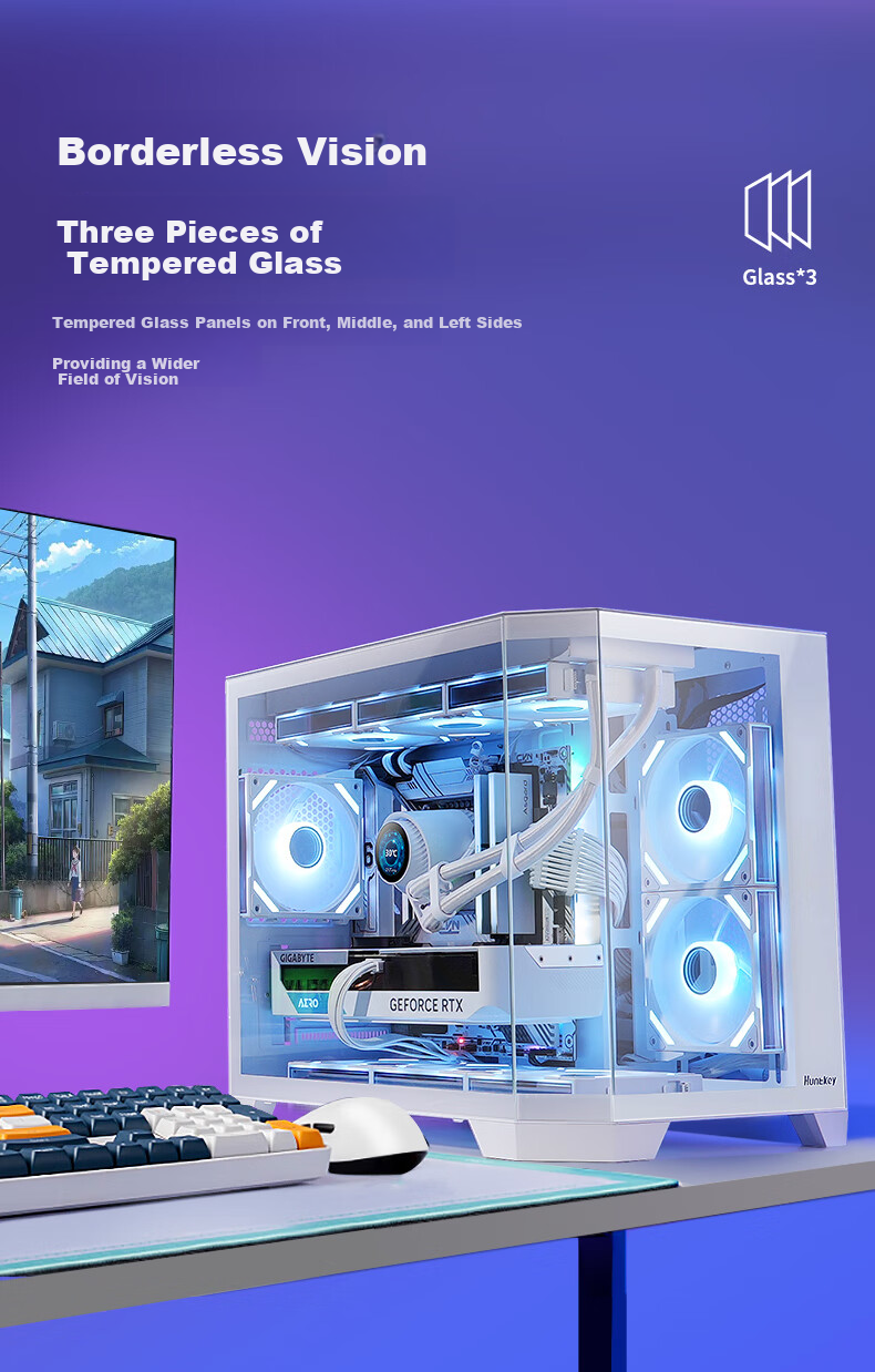 Huntkey S960 Storm X Ice Blade Edition Black Panoramic View Seaside Case (Three-Sided Tempered Glass Panel/Left And Right Zones/360mm Water Cooling/9 Fan Positions/MATX Motherboard) 3