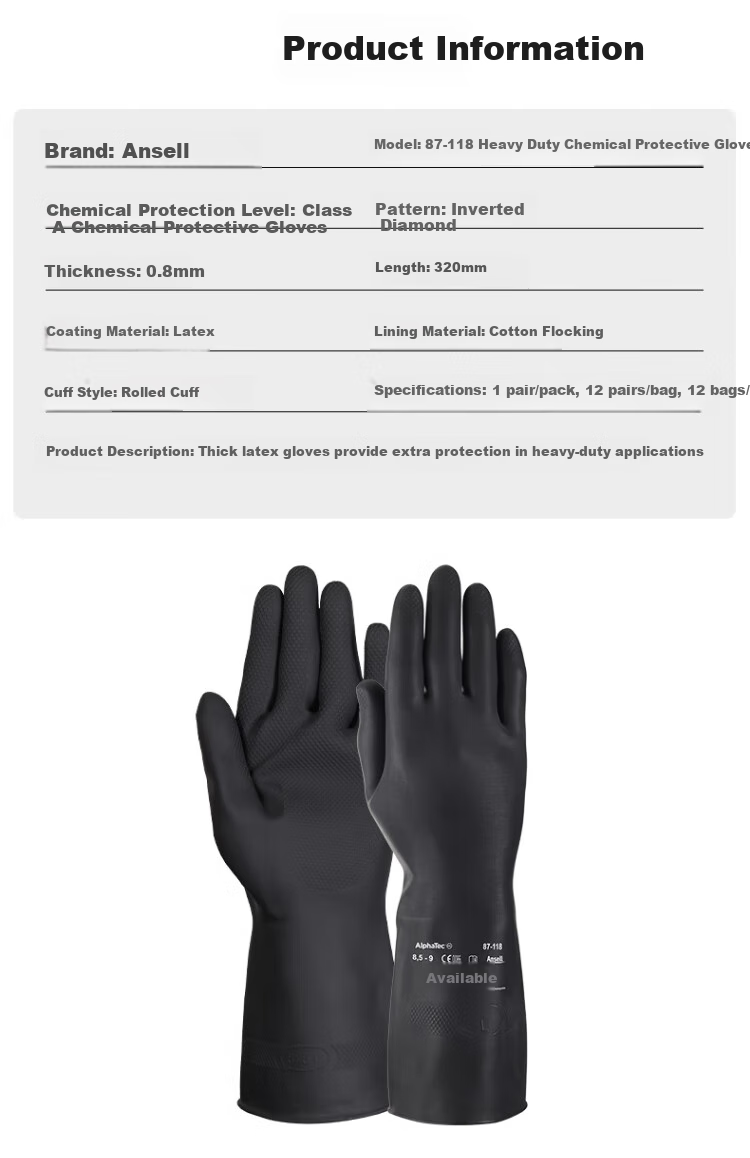 Ansell Latex Gloves, Acid And Alkali Resistant, Corrosion-Proof, Thickened, Chemical-Resistant, Oil-Resistant, Industrial Protective Gloves, 87-118 (1 Pair), M 4