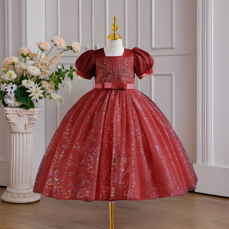 LUOBOBEIBEI 2026 Girls' Blue Long Dress, Children's Princess Dress for Weddings And Performances, Red, Size 130