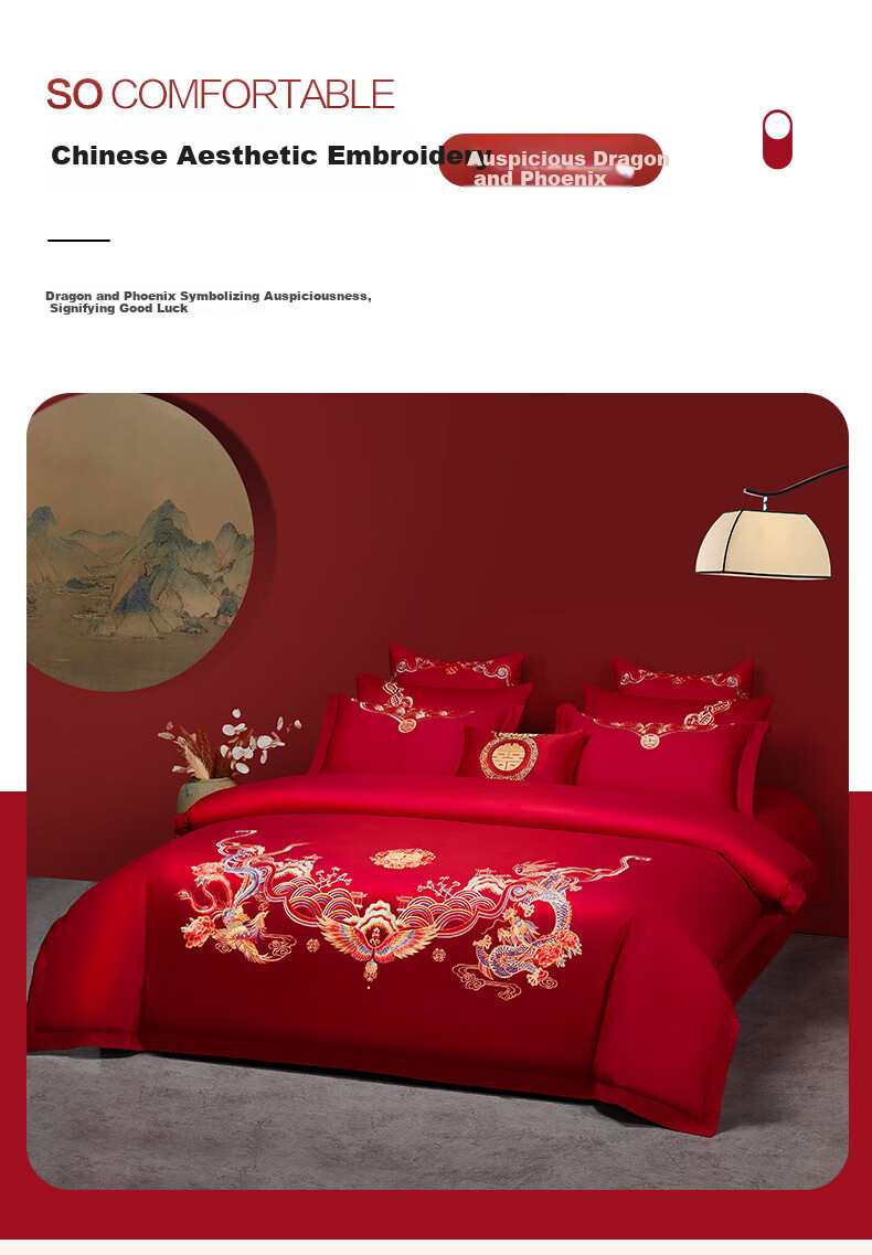 BEYOND Home Textiles Wedding Six-Piece Set, Pure Cotton, Red Traditional Embroidery, Dragon And Phoenix Wedding Set, Long Teng Feng Yue, 1.5 Meters 8