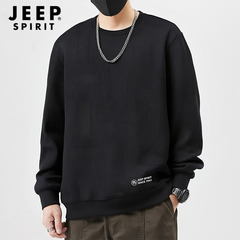 JEEP SPIRIT Men's Autumn Crew Neck Long Sleeve T-Shirt Comfortable Versatile Pullover Casual Sports Top Black L