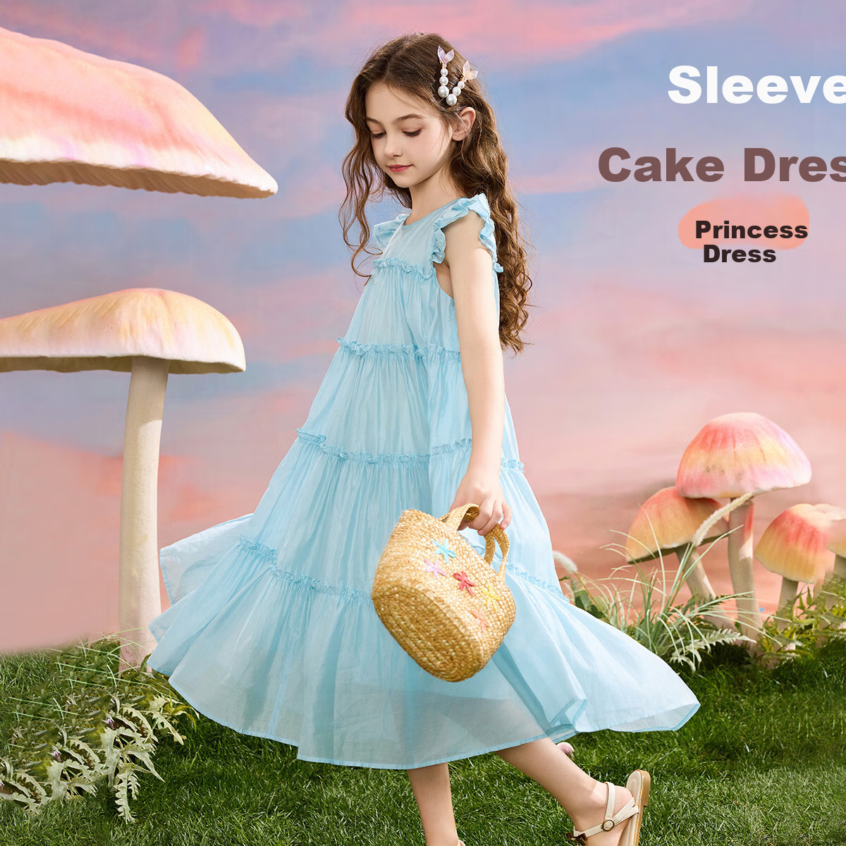 ASK JUNIOR Girls' Summer Dress, Lightweight Breathable Sleeveless Princess Dress with Flutter Sleeves, Children's Dress, Light Blue, Size 130 1