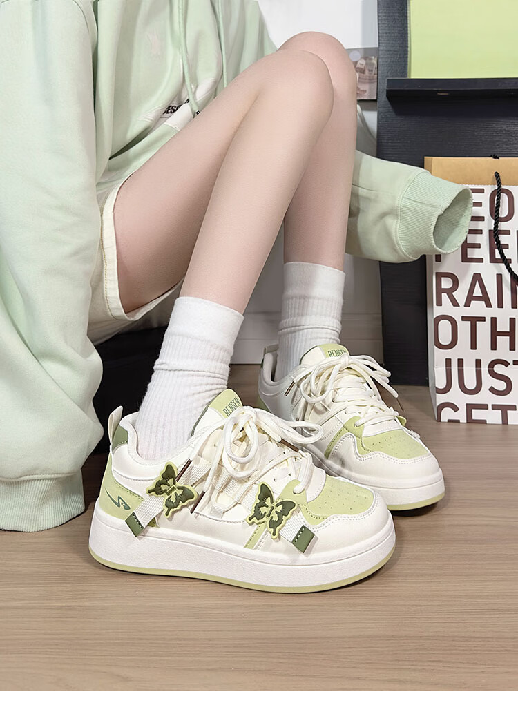 RENBEN Matcha Green Butterfly White Sneakers for Women, New Fashion Versatile Casual Shoes, Thick-Soled Korean Style Platform Shoes, White And Green, Size 38 1