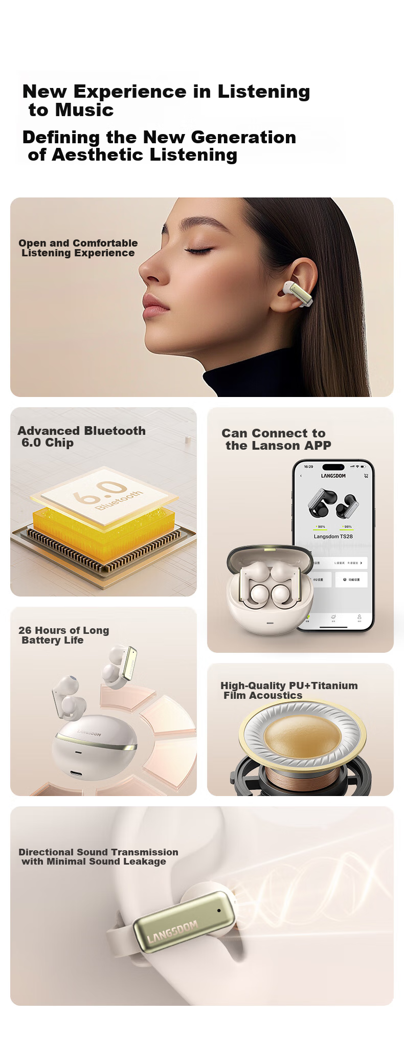 Lanshidun Bluetooth Headphones, Bone Conduction Concept Clip-On Wireless Open Non-In, Sports Running Cycling ENC Noise-Cancelling Headphones with Ultra-Long Battery Life, Supports APP, TS28 Beige 2
