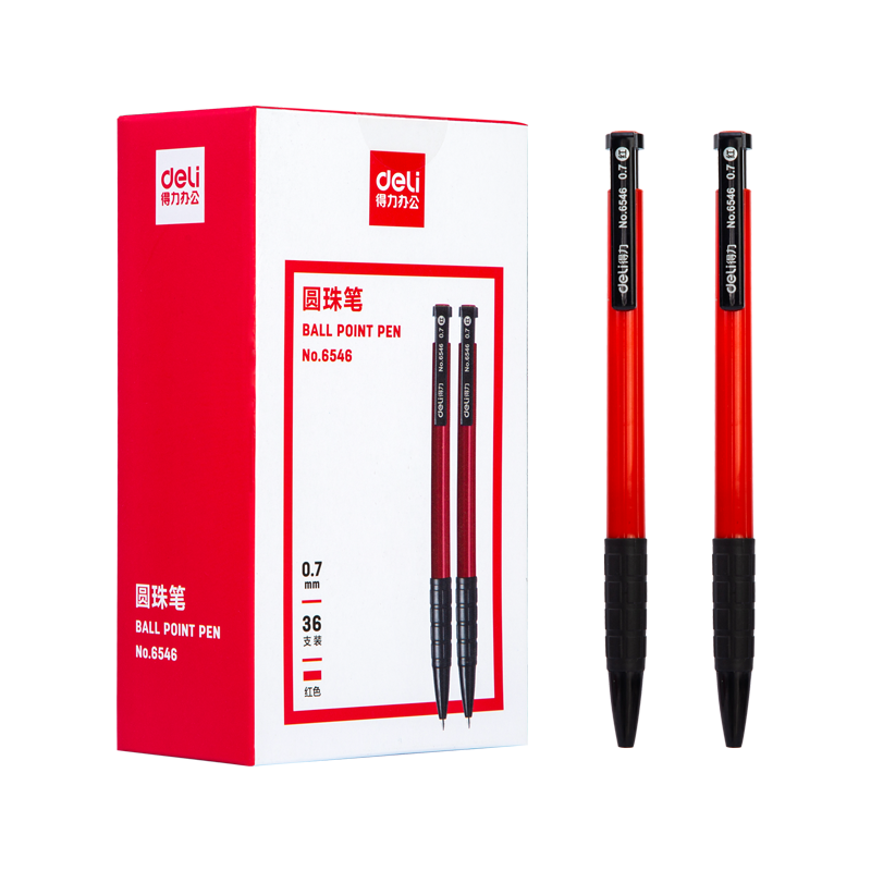 Deli 0.7mm Red Retractable Ballpoint Pen, Medium Oil Pen, Soft Rubber Grip, Original Pen, 36 Pieces/box, YZB-6546