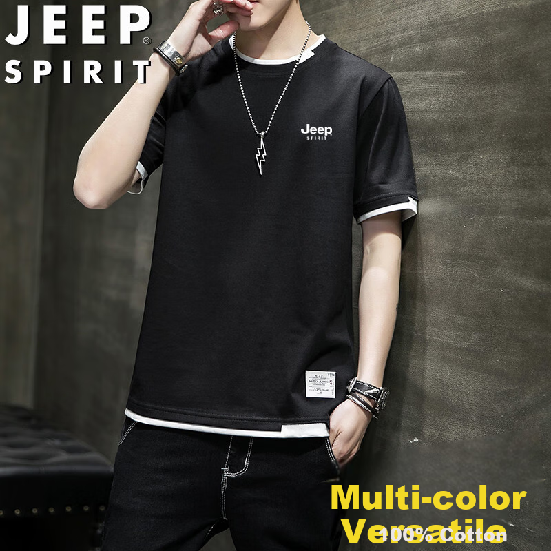 JEEP SPIRIT Men's Short-Sleeve T-Shirt, Summer Half-Sleeve Pure Cotton Casual Undershirt, Round Neck Breathable, Black, Size M