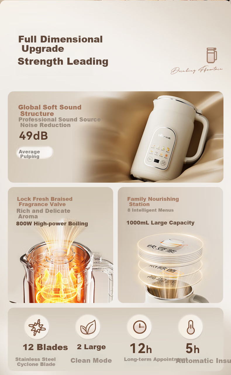 Bear Soy Milk Maker High-Speed Blender for Home Use, 1L Fast Soy Milk, Large Capacity for 2-3 People, Fully Automatic No-Cook Multifunctional Food Processor Juicer, Non-Coated DJJ-H08C1 5