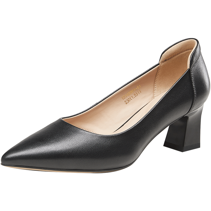 Kangnai Comfortable Women's High Heels, Elegant Cowhide Shallow Mouth Chunky Heel Pumps for Office Commute, Black, Size 40