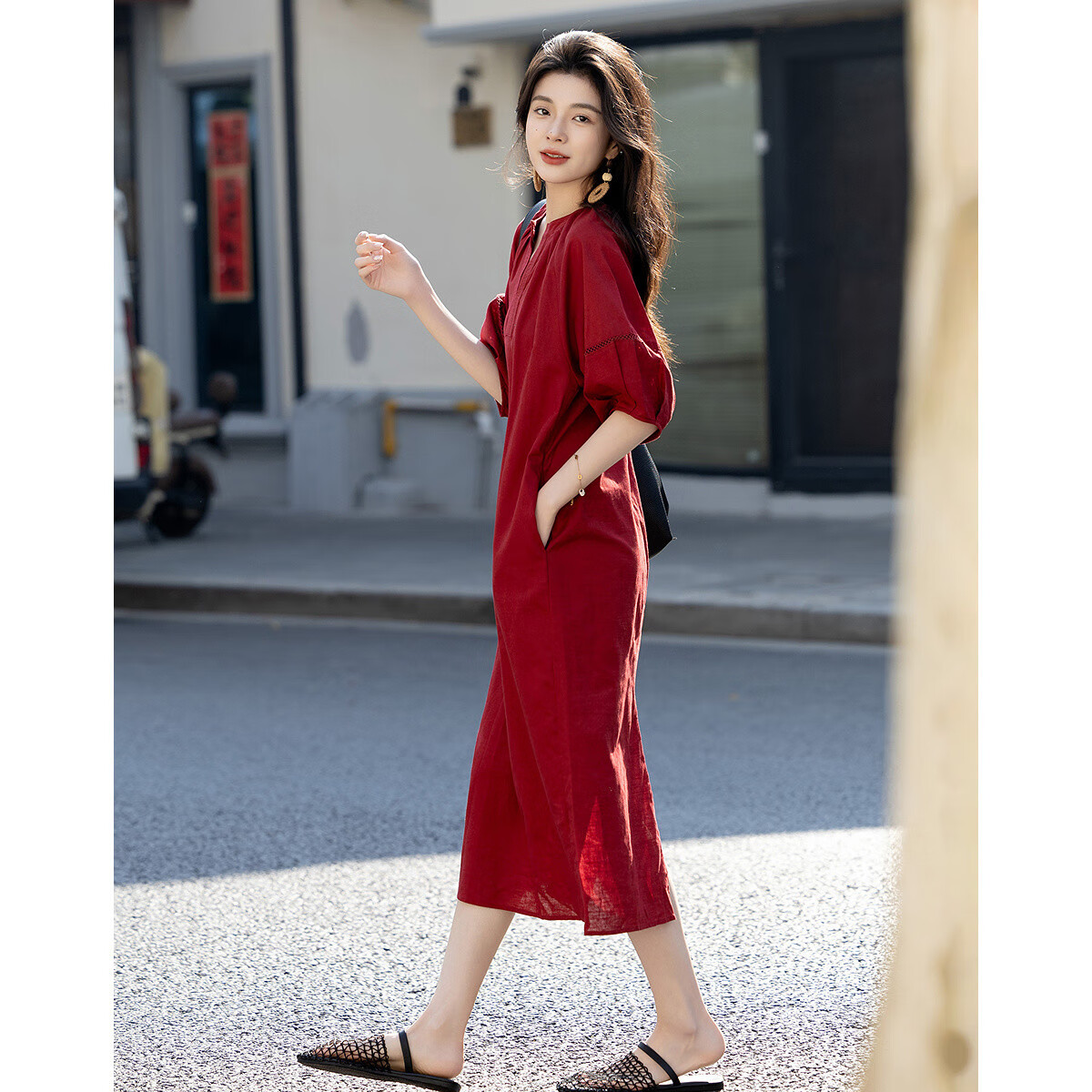 Dme [Chunmuji] Summer Smooth Linen Cotton Bamboo Jersey Round Neck Loose Straight Dress for Petite Wome