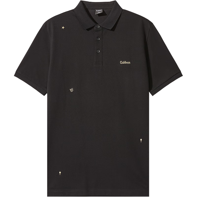 Cabbeen 3241163004 Cool Touch Gold Thread Embroidered Short Sleeve T-Shirt Simple Black and White Polo Shirt Coal Black 01 M