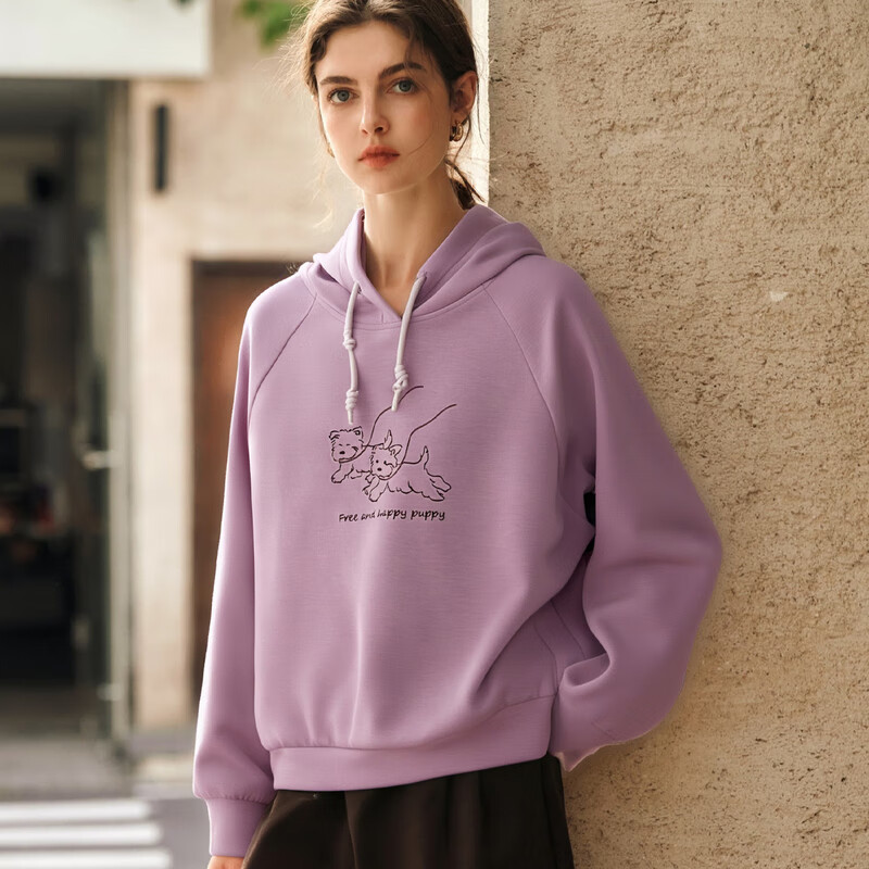 Olrain Eurier Hooded Fun Cartoon Dog Embroidered Pullover Loose Sweatshirt Women's Autumn Top Purple S