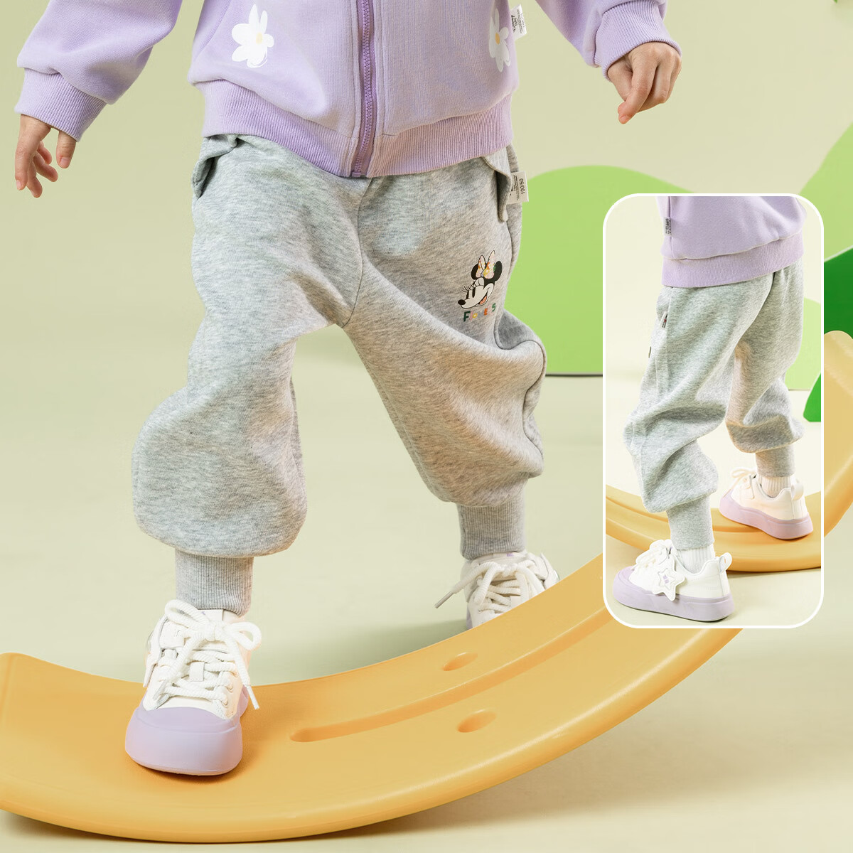 Disney Children's Autumn Pants, Comfortable Casual Cartoon Versatile Elastic Ankle-Tied Trousers, K007 Floral Gray, Size 110