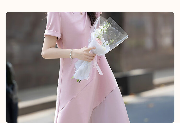Demana Romantic Summer French Style Round Neck Smooth Satin Spliced Short Sleeve Loose Waist Long Women's Dress 5
