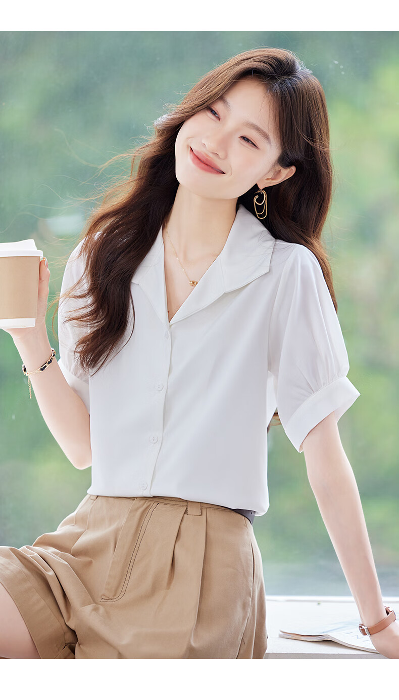 Jeanswest Women's Summer Short Sleeve Shirt Lapel Design Commuter Professional Cardigan White S 5