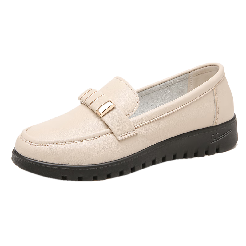 Huili Mom Shoes, Comfortable Spring And Autumn Footwear for Elderly Women, Soft Sole Non-Slip Leather Shoes for Middle-Aged Women 50-60 Years Old, 0045 Beige Color Size 34