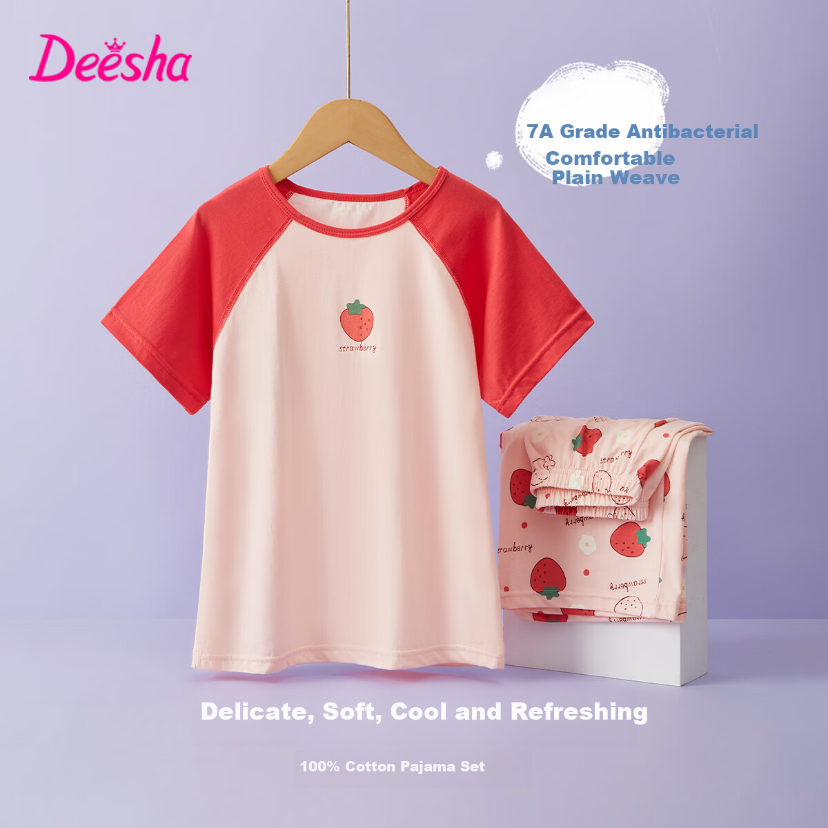 DEESHA [7A Antibacterial Cotton Mesh Jacquard], Girls' Lightweight Short-Sleeve Pajamas, Soft Cotton Skin-Friendly Air Conditioning Wear