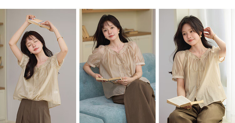 MT "Blazing Peach Blossom" Summer Sweet Style Tencel Polyester Wrinkled Round Neck Lightweight Shirt Women's Top 2