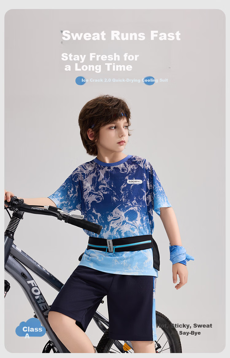 ASK JUNIOR Children's Quick-Dry Summer Outfit, Youth Chinese-Style New Chic Instant Cool Short-Sleeve T-Shirt And Shorts Sports Two-Piece Set 1