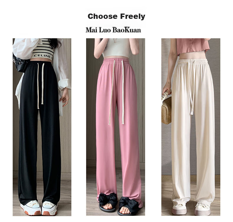 LangSha Ice Silk Wide-Leg Pants for Women, Spring And Autumn Thin Style, Sun Protection, Straight High-Waist Draping Loose Casual Loungewear Cool Pants 2