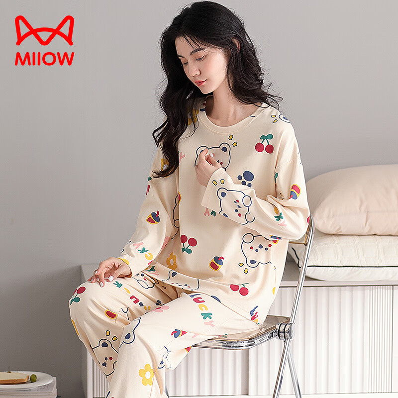 Женская пижама MiiOW, комплект из 100% хлопка, весна-осень, с длинным рукавом, с принтом "Lucky Bear", размер L