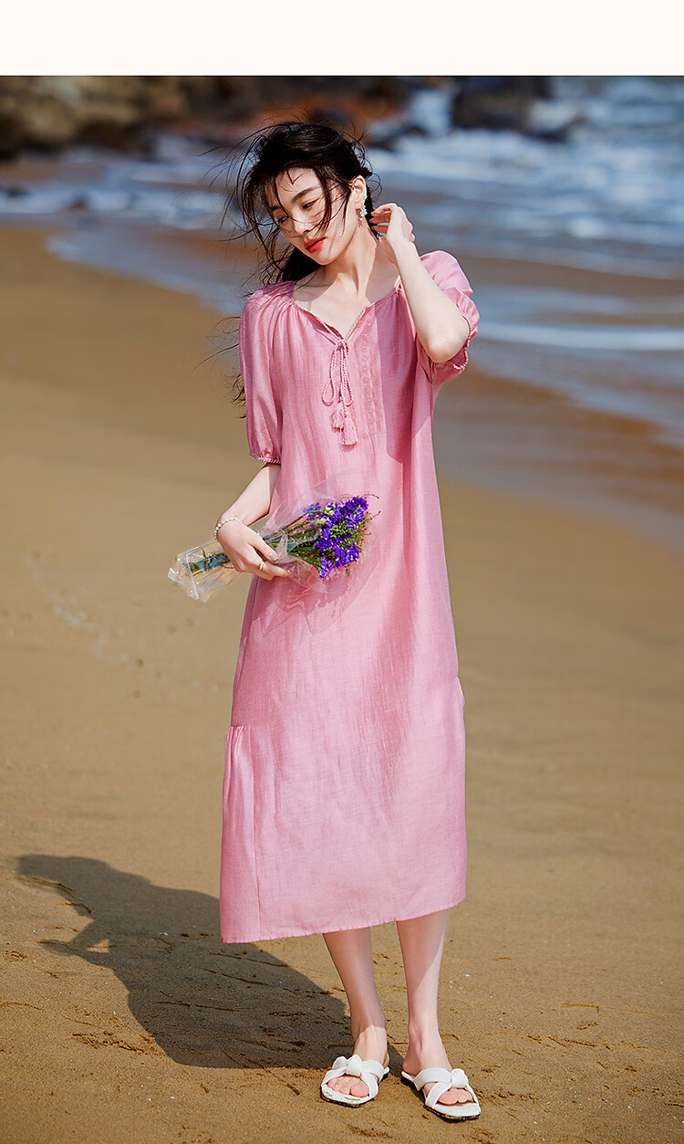 Demana "Light Breeze" Summer Cool Lyocell Embroidered Tassel Tie Split Pleated A-Line Women's Dress 16