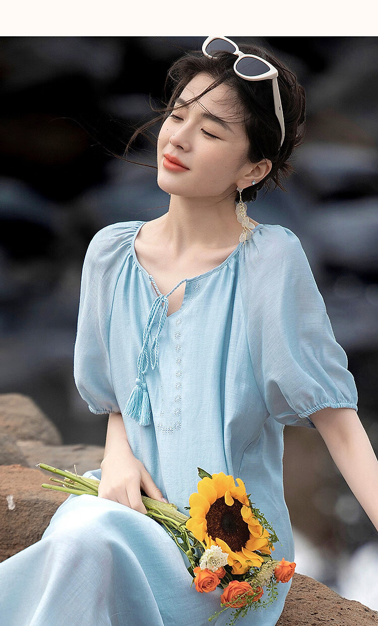 Demana "Light Breeze" Summer Cool Lyocell Embroidered Tassel Tie Split Pleated A-Line Women's Dress 24