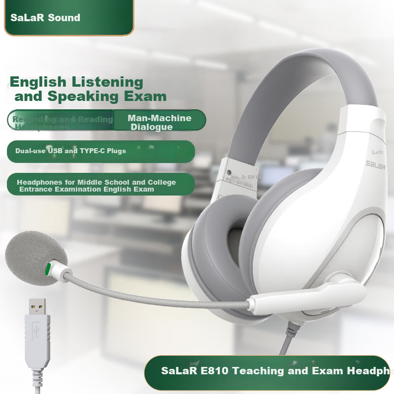 SaLaR E810 English Speaking And Listening Exam Headphones, Over-Ear, for Middle School And College Entrance Exams, Recording And Repeating Function, Human-Machine Dialogue Earphone with Microphone, USB Interface, Dual-Use Type-C Port, White Color