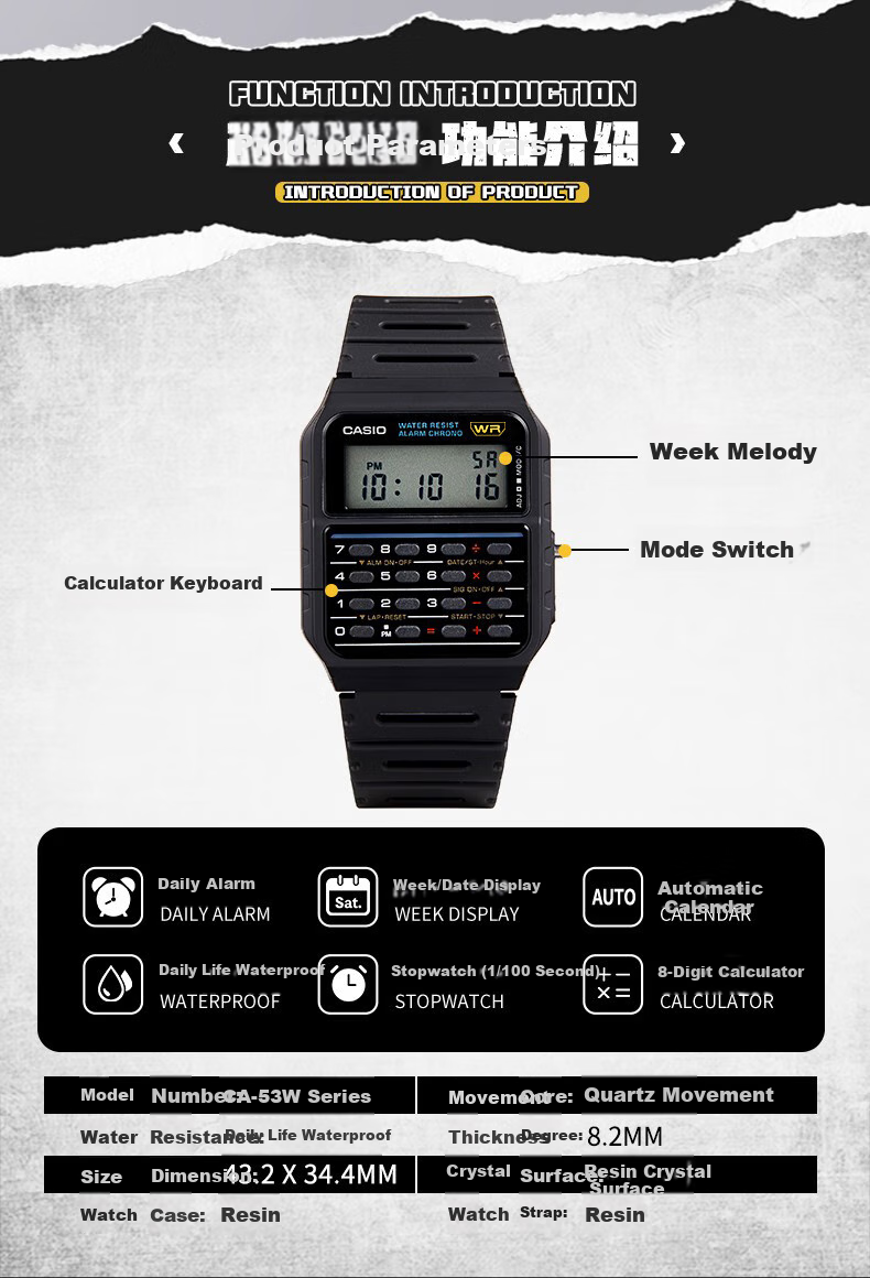 CASIO Watch for Men, Small Square Design, Popular among "Desperate Housewives" Fans And Students, Electronic Calculator Watch for Men And Women, Model CA-53W 2