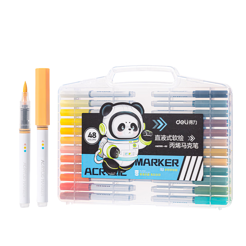 Deli 48-Color Panda Direct Liquid Soft-Tip Acrylic Markers, Round Barrel, Birthday Gift, Waterproof Hand-Drawn Fluorescent Highlighters, Graffiti Graduation Gift for Boys And Girls
