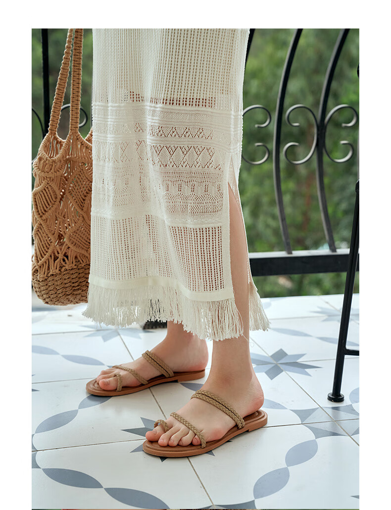 Olrain Hollow Out Dress Women Summer Vacation Style Spaghetti Strap Two-Piece Knitted Long Dress Coconut Milk White S 23