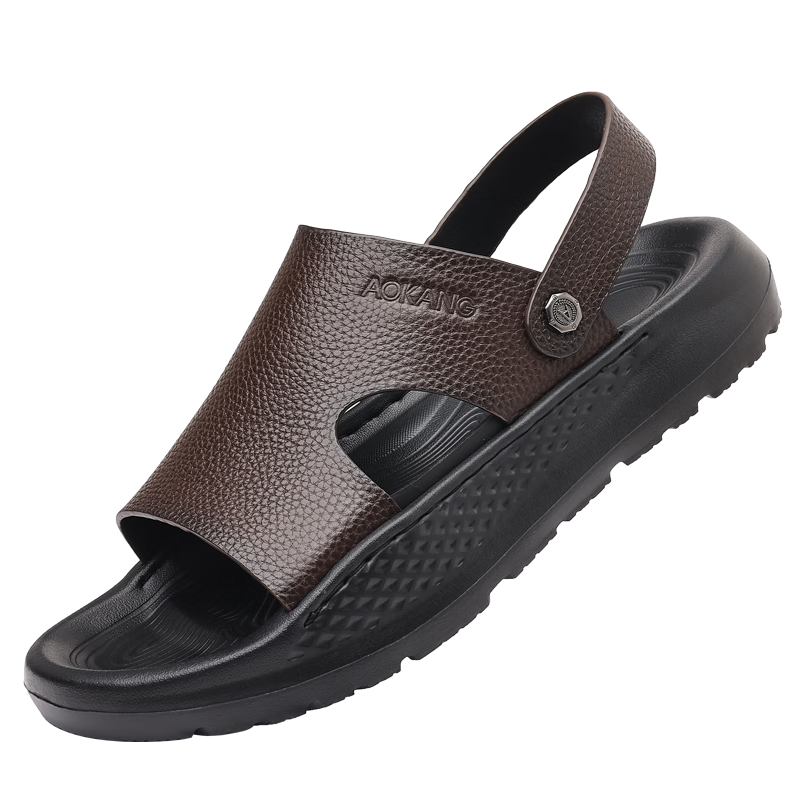 Aokang Summer New Thick-Soled Sandals, Cowhide Soft Sole Casual Beach Shoes Slippers, Brown, Size 44