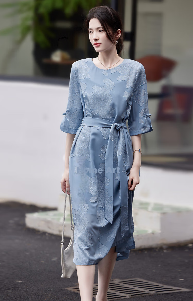 Dme (Unbelievably Comfortable) Spring And Autumn Delicate Jacquard Flared Seven-Quarter Sleeve Classical Button-Up Loose-Fitting Dress with Hidden Pockets 9
