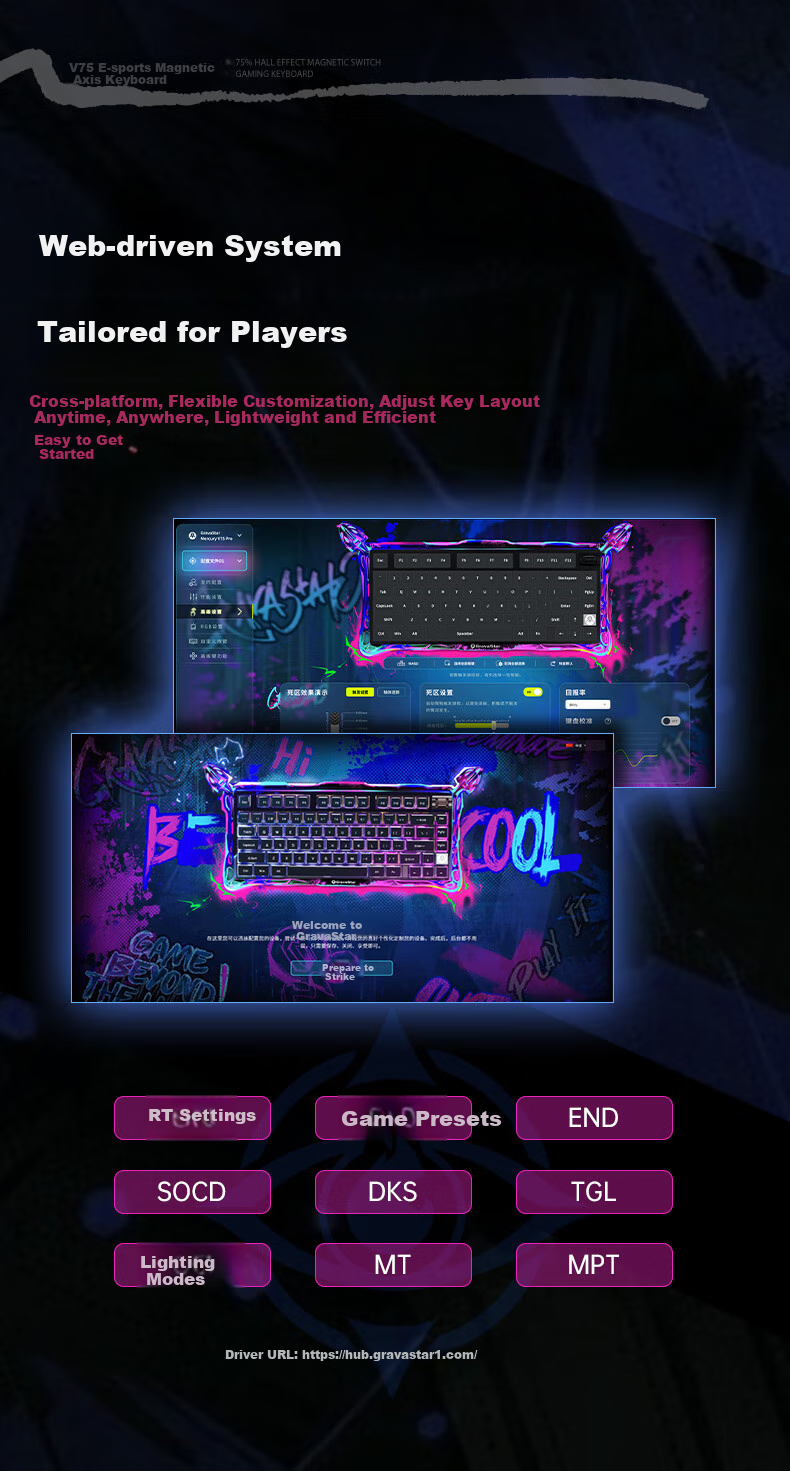 GravaStar W75 Magnetic Switch Keyboard, E-Sports Gaming Mechanical Keyboard, Customizable Wired Single-Mode Aluminum Block Keyboard for VALORANT, W75 PRO Neon District 13
