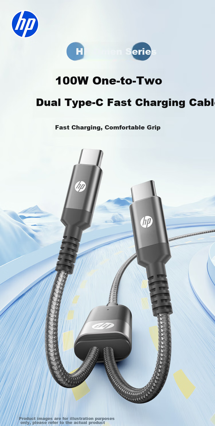 HP Two-In Dual-Head Type-C Charging Cable, PD100W Fast Charging Cable for Car, CarPlay Data Cable with E-Marker Chip, Suitable for Computers, Tablets And Phones, 1.5 Meters 1