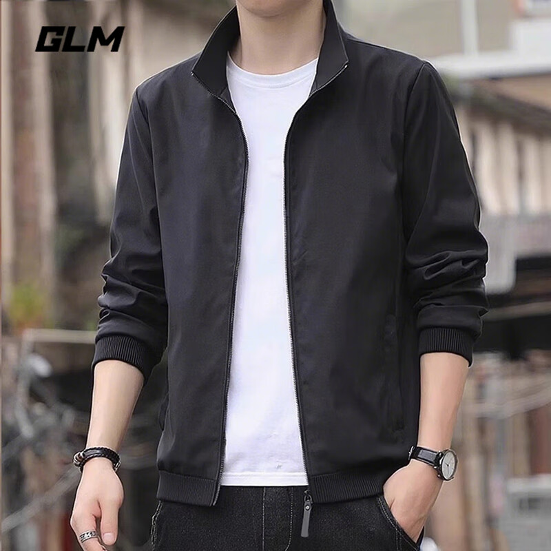 GLM Men's Spring Autumn Stand Collar Jacket Casual Loose Trendy Black M