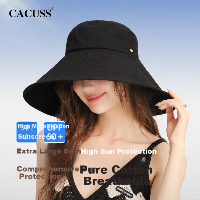 CACUSS Wide Brim Sun Protection Hat for Women, Summer UV-Resistant Sun Hat, Fisherman Hat, Outdoor Beach Sunhat, Black Medium