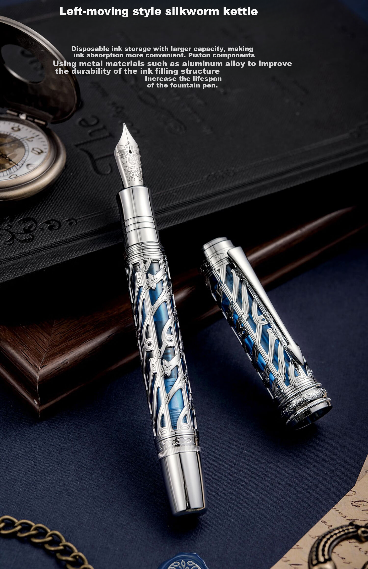 Hongdian High-End Fountain Pen for Men And Women, Business Office Ink Gift Box, Gunmetal Black A6 Piston Pen, Hard-Tip Calligraphy Pen, Hollow Design, Stylish Gift 16