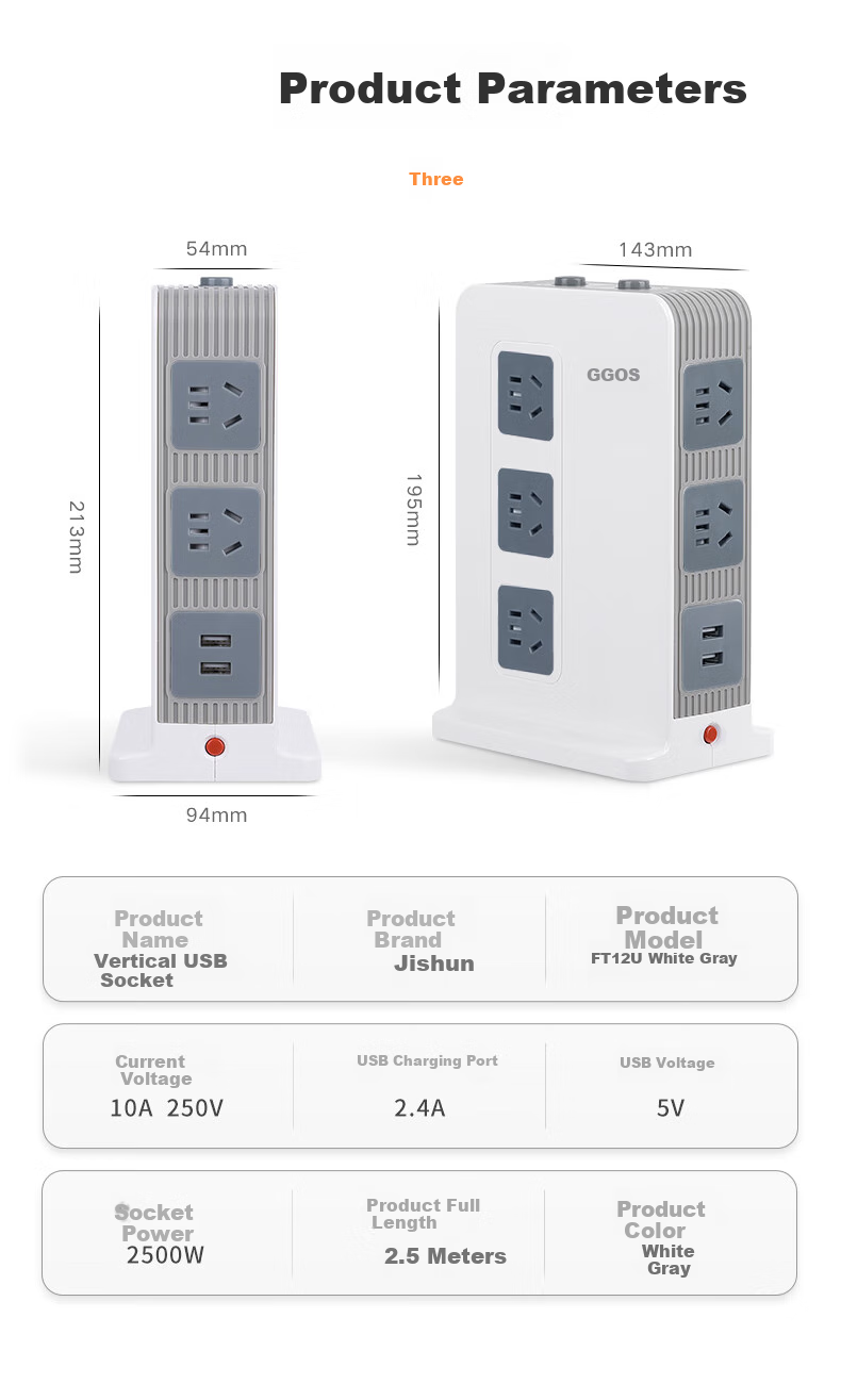 JS JISHUN College Dormitory Power Strip, Vertical Socket, Office Desk Power Strip, USB Multi-Functional Desktop Power Strip, Surge Protector, National Standard, Individual Control, 2.5 Meters 3