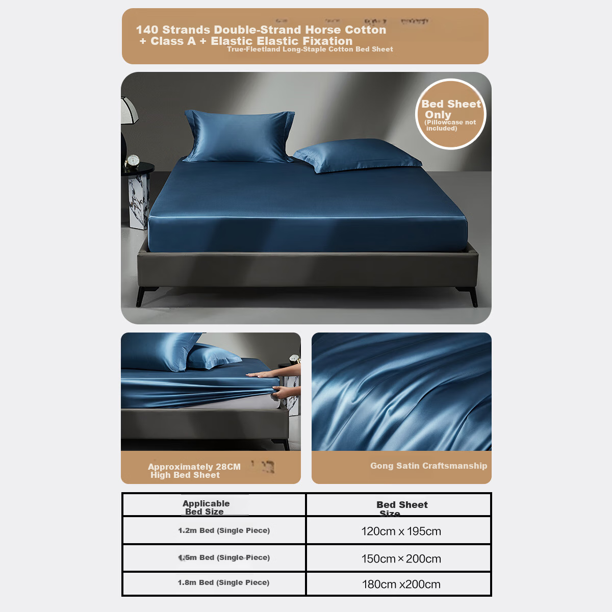 Shuixingjiafang Cotton Bed Cover, Class A, 140 Thread Count, Pima Cotton, Satin Lining, Dirt-Proof Mattress Cover, Protective Cover, 1.8x2 Meters