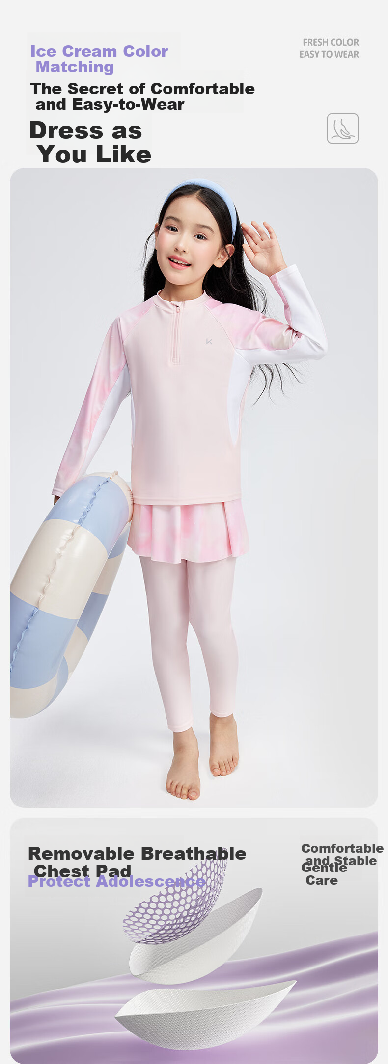 Keep Children's Two-Piece Swimsuit for Girls with Long Sleeves And Pants, Sun Protection Swimwear for Older Girls, Dream Pink 3