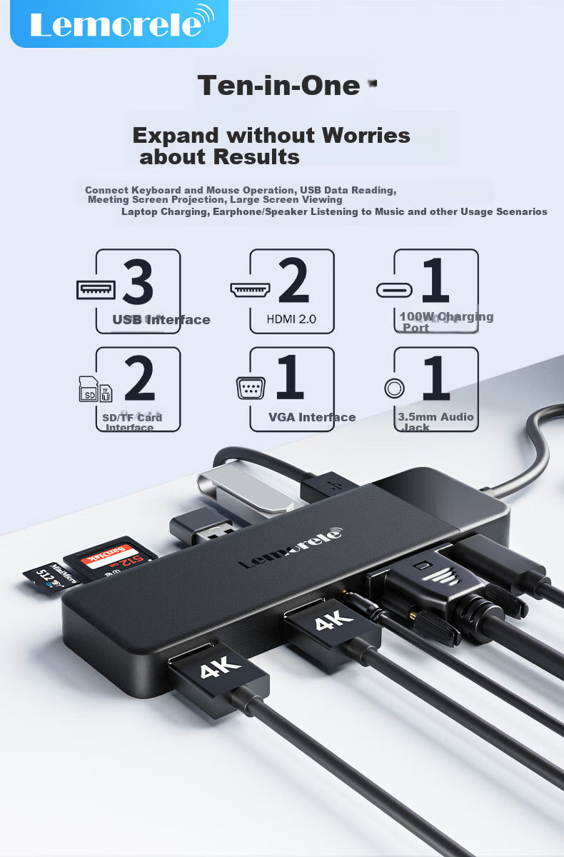 Lemorele Type-C Expansion Dock, 10-In Dual HDMI, 4K Multi-Screen Display, VGA, USB*3, SD/TF, AUX Compatible, Thunderbolt 3/4, Apple And Huawei Computer Expansion Dock, Universal TC94 1