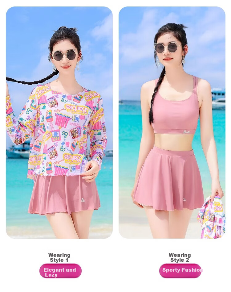 Barbie Women's Two-Piece Beach Vacation Swimwear Set, Long-Sleeve Cover-Up, Slimming Swimwear for Hot Springs Resort 4