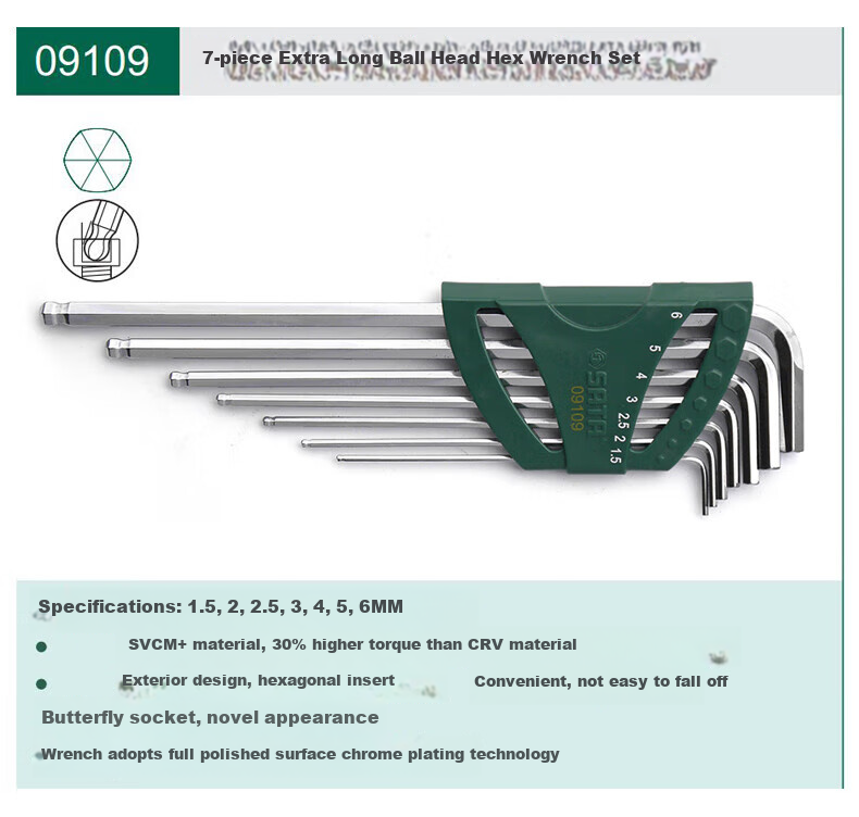 SATA Foldable Portable Hex Key Set, Auto Repair Tool Kit, 8 Pieces, 09121 7