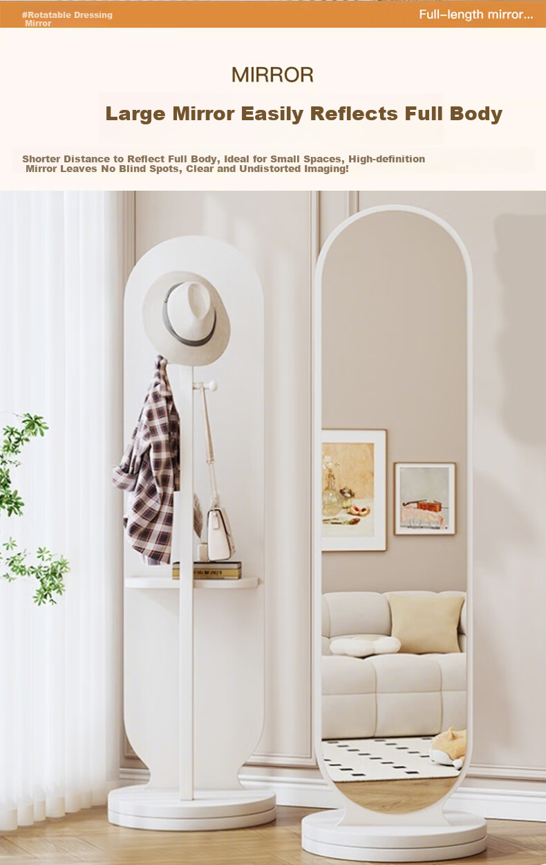 Quanpinwu Rotating Full-Length Floor Mirror, Home Bedroom Coat Rack Mirror Combo, Dressing Mirror Stand, White, 30cm 7