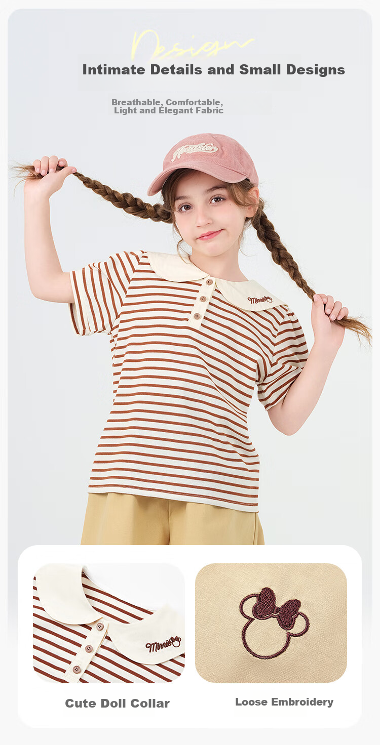 Disney Girls' Summer Set: Short-Sleeve T-Shirt And Shorts, Preppy Style Two-Piece Set with Peter Pan Collar T-Shirt, Khaki, Size 120 6