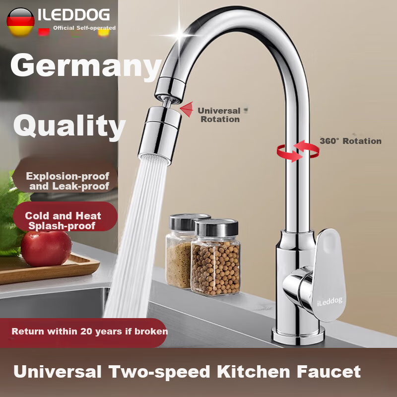 ILeddog [Germany] Kitchen Faucet, Dual Temperature And Control, Dishwashing Sink, 360° Rotating Anti-Splash Tap, CFLT-GY2D