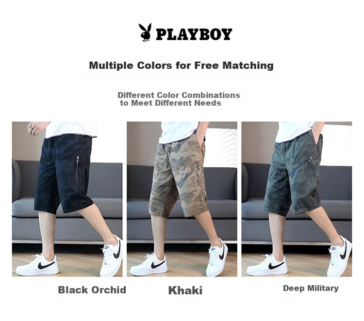 PLAYBOY Men's Shorts, Summer Pants, Casual Sports Beach Shorts, Five-Point Pants for Outdoor Wear, American Workwear Style, Pure Cotton, Loose-Fitting Mid-Length Pants 1