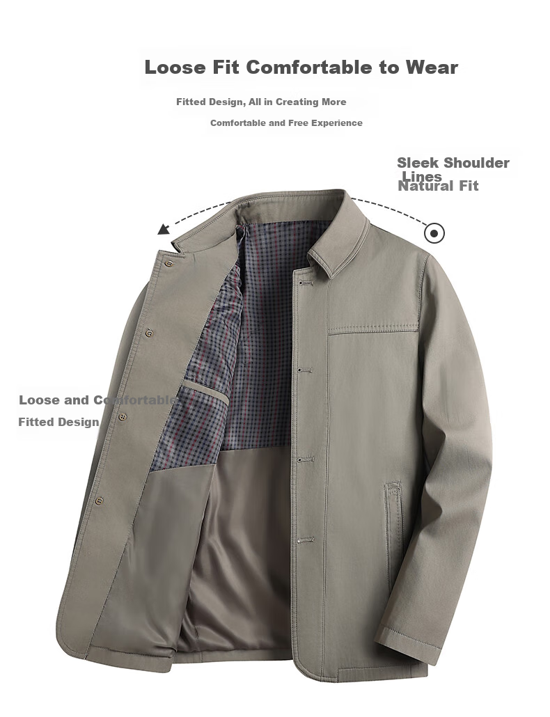 ROMON 100% Pure Cotton Jacket for Men, Middle-Aged And Young, Spring And Autumn Outerwear, Workwear Casual Lapel Dad's Outfit, Men's Jacket 6